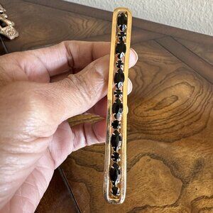 Vintage‎ Art Deco Bar Brooch 3.5" Gold Plated Black Crystals Round Oval Shape
